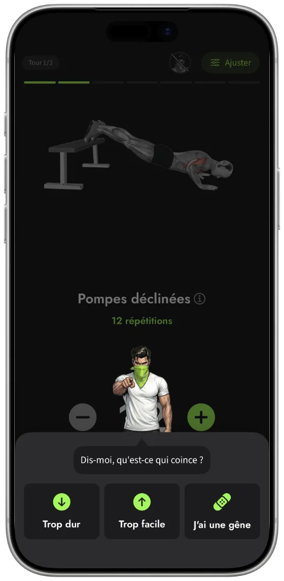 Écran d'exercice : le coach demande ce qui coince, avec les choix trop dur, trop facile et j'ai une gêne