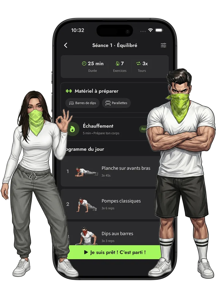 L'app Callisthénie Corner sur iPhone, entre ses deux coachs au bandana vert