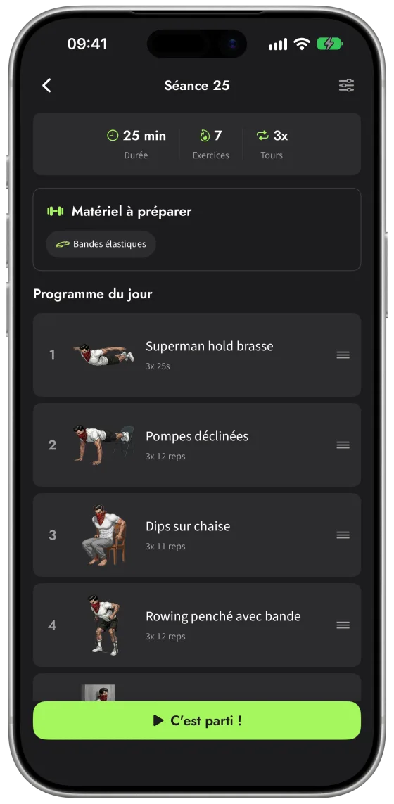 Écran de séance de l'app : 25 minutes, 7 exercices en 3 tours, matériel à préparer et liste des exercices